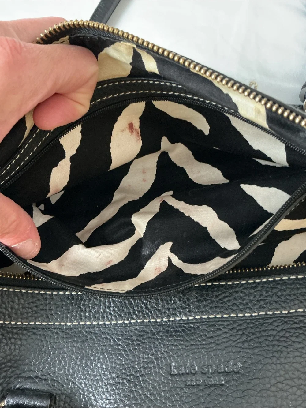 Vintage Kate Spade Black Pebbled Leather Satchel Zebra Lining Contrast Stitch